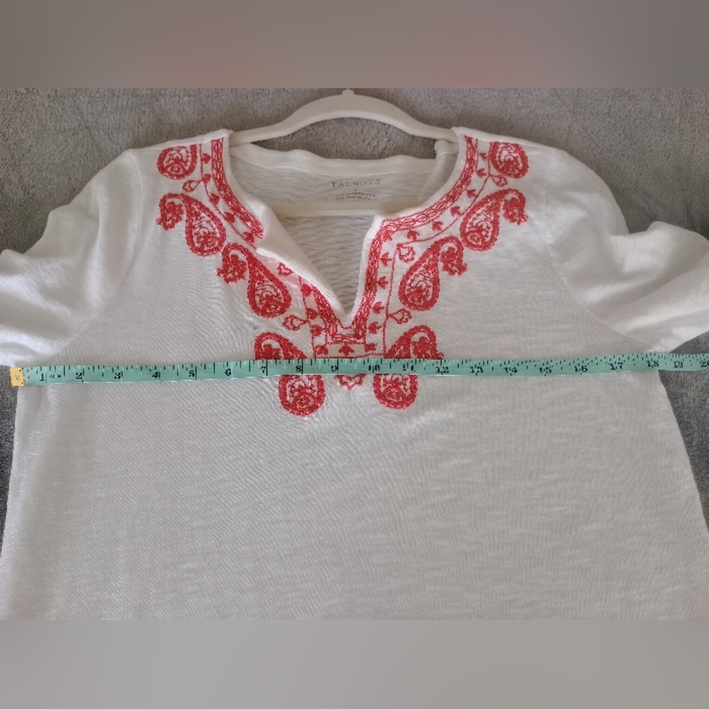 Talbots Vintage Top White & Red Embroidery Paisly 3/4 Sleeve Size S - Picture 6 of 6